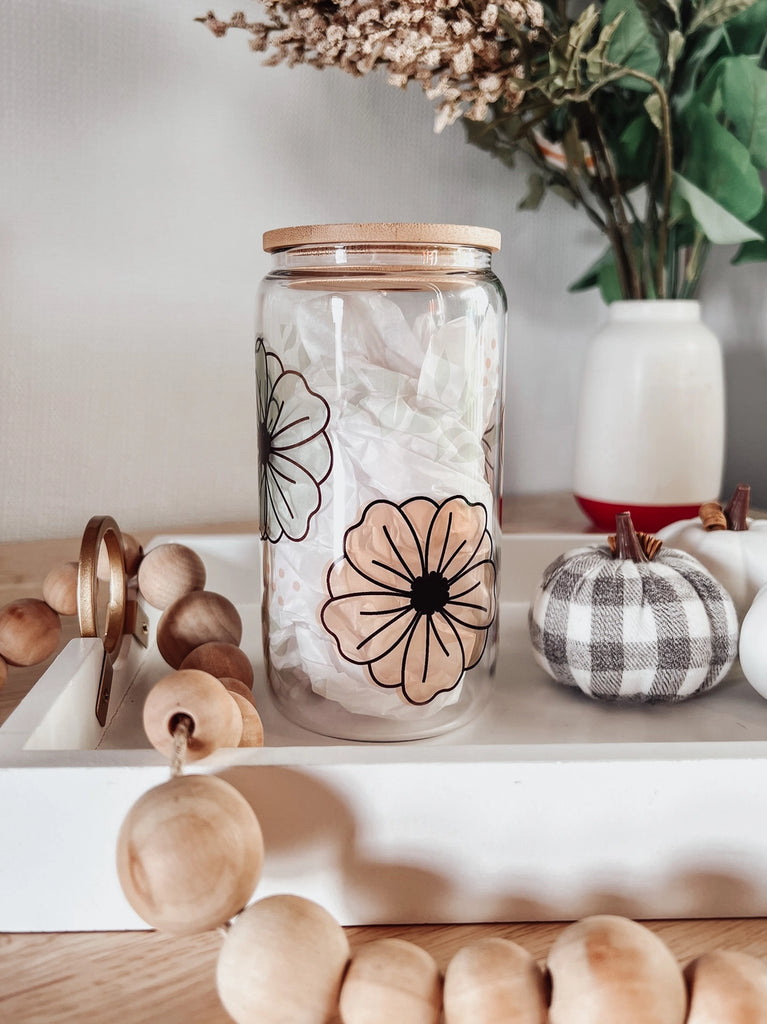 Floral 16 oz Glass Cup with Bamboo Lid