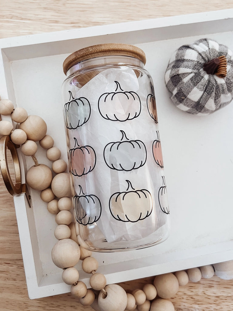 Pumpkins 16 oz Glass Cup with Bamboo Lid